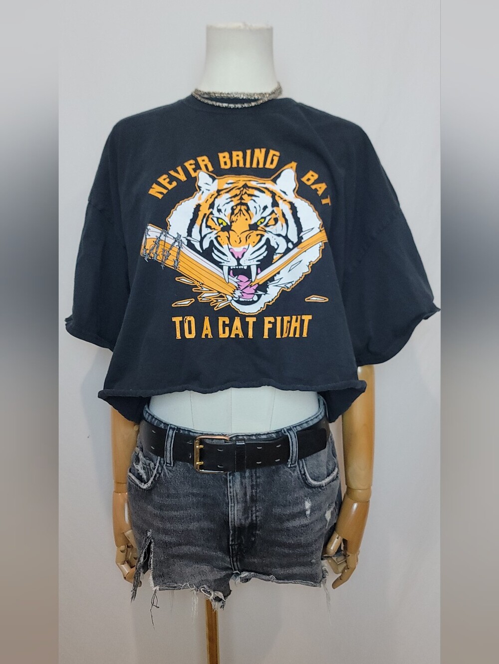 Upcycled "Never Bring A Bat To A Cat Fight" graphic crop top, Size 2XL